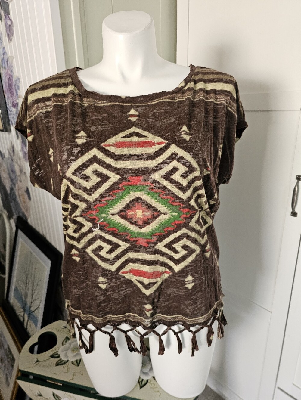 Denim & Supply Ralph Lauren Top Large Brown Aztec Fringe Boho Burnout Shirt L